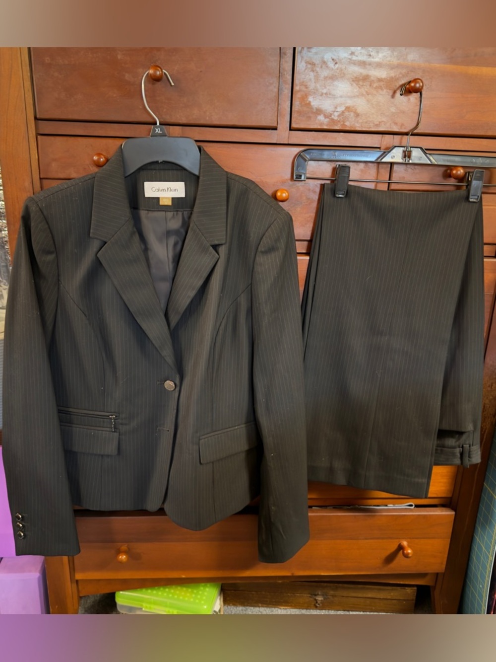 Calvin Klein Pinstripe Suit Pant and Jacket Black with Gray Pinstripe Size 12